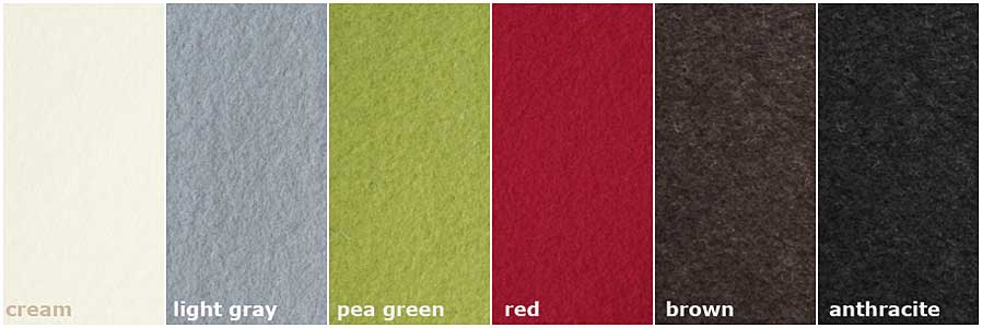 Wool-felt in trendy colors: cream, light grey, green, red, brown, anthracite
